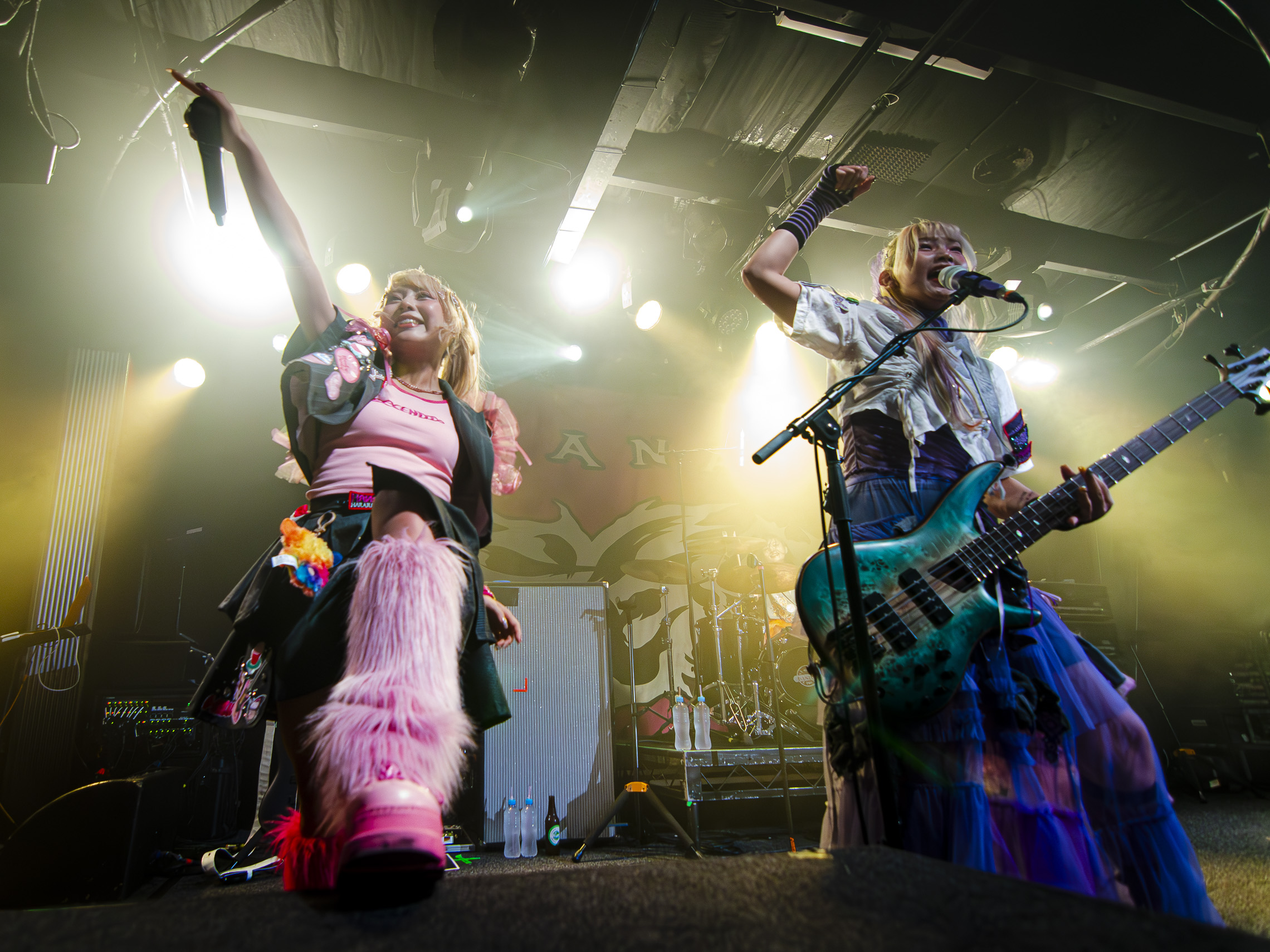 Hanabie - Two members front of stage. One with microphone, other with guitar. Hands pumped into the air.